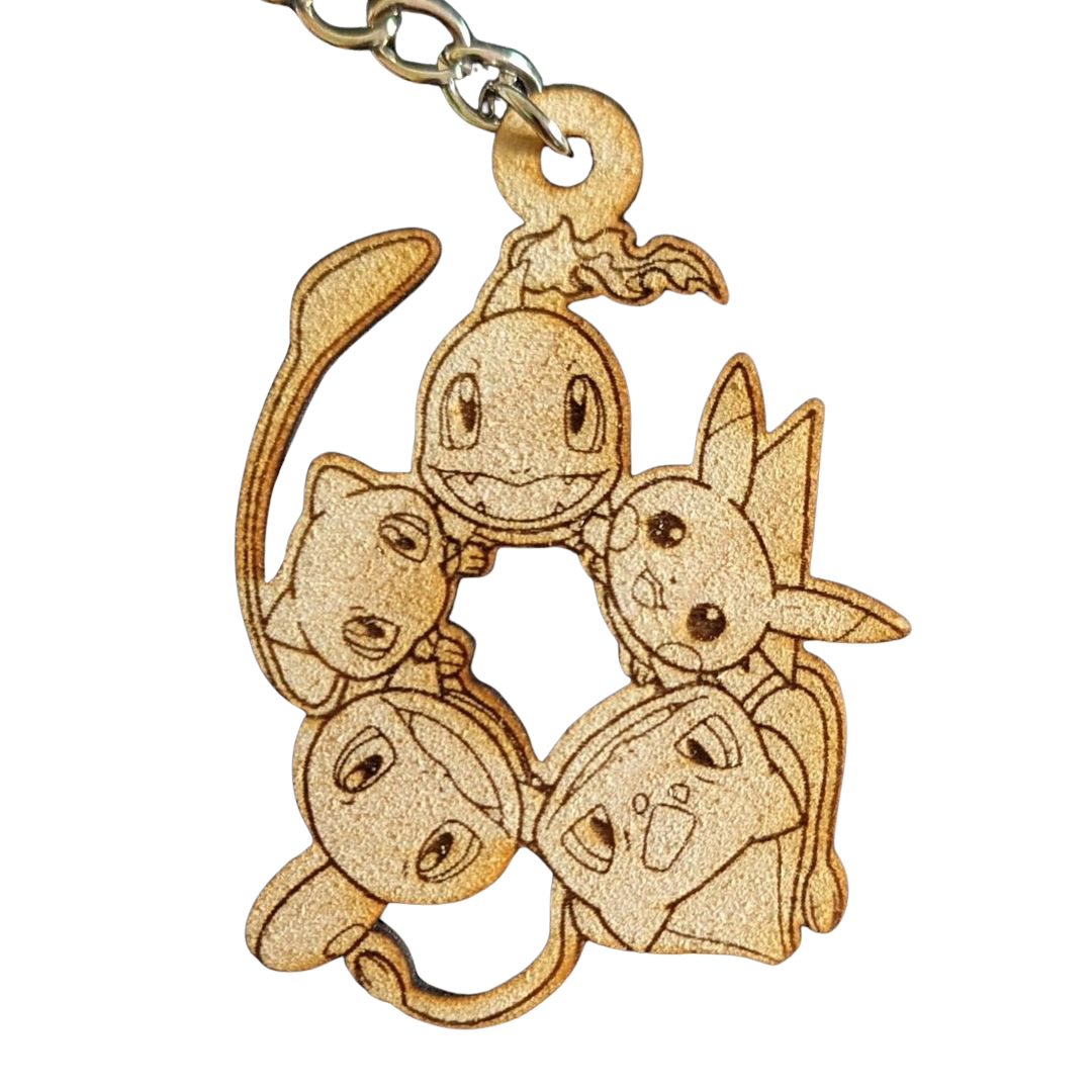 Portachiavi Pokémon Starters e Mew in Legno Incisione Laser - Charmander, Squirtle, Bulbasaur, Pikachu e Mew