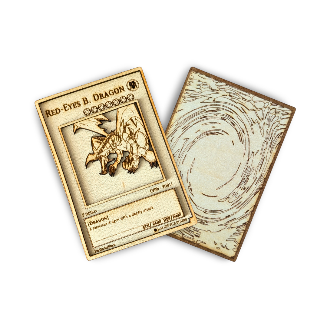 Drago Nero Occhi Rossi in Legno – Carta Yu-Gi-Oh! Red-Eyes B. Dragon Multistrato con Incisione Laser 🐉🔥