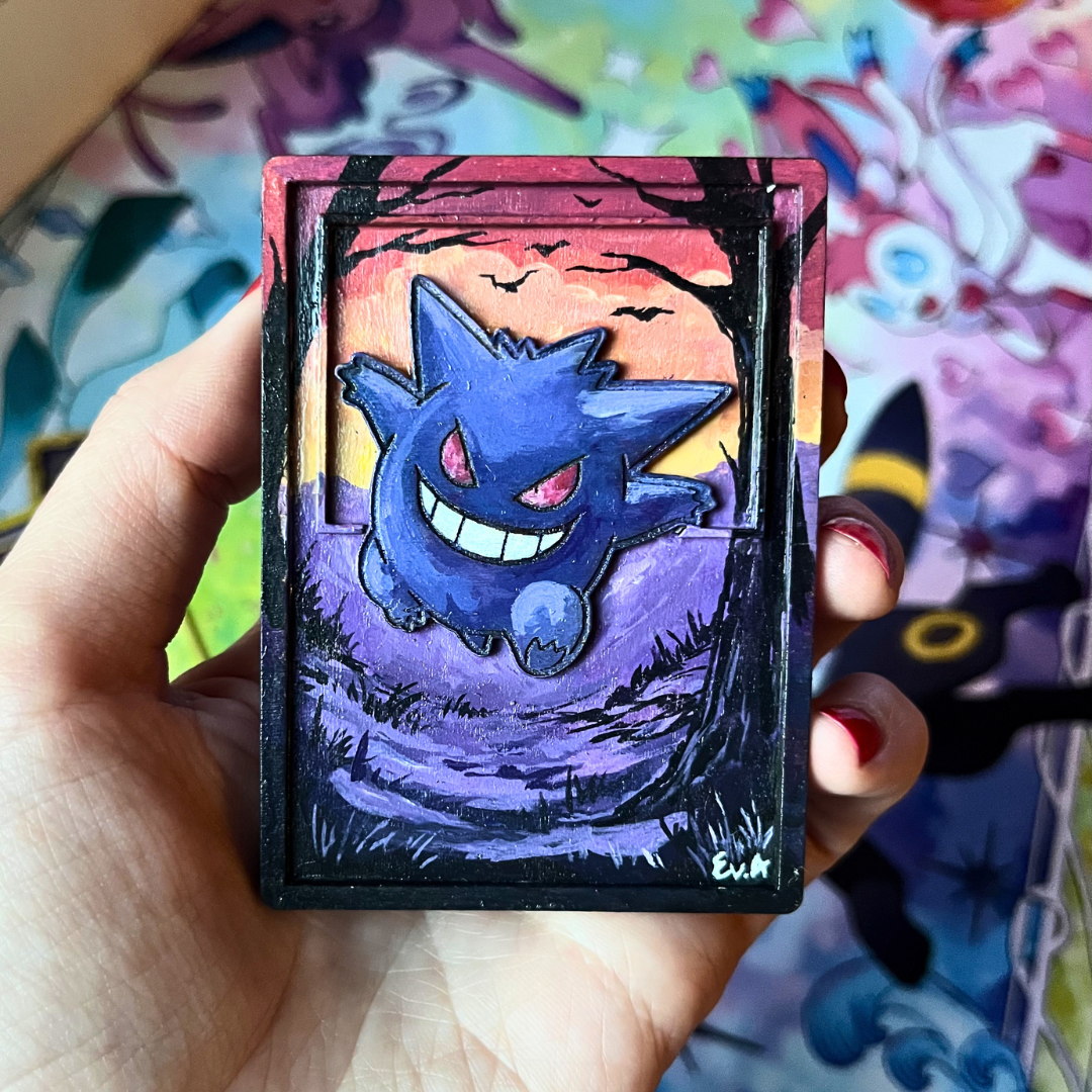 Gengar Dipinto a Mano in Legno | Carta Pokémon Multistrato | Collab Eevee Artwork 🎨