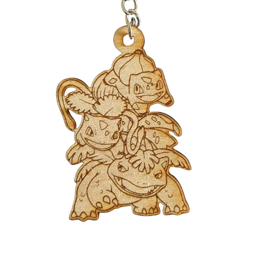 Portachiavi Pokémon Evoluzioni Bulbasaur, Ivysaur e Venusaur in Legno con Incisione Laser