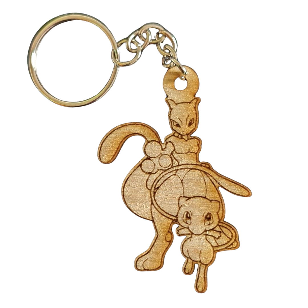 Portachiavi Pokémon Mew e Mewtwo in legno con incisione laser 🌟