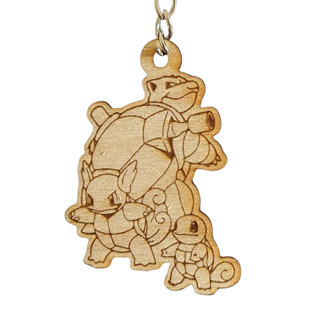 Portachiavi Pokémon evoluzioni Squirtle, Wartortle e Blastoise in legno – Incisione laser