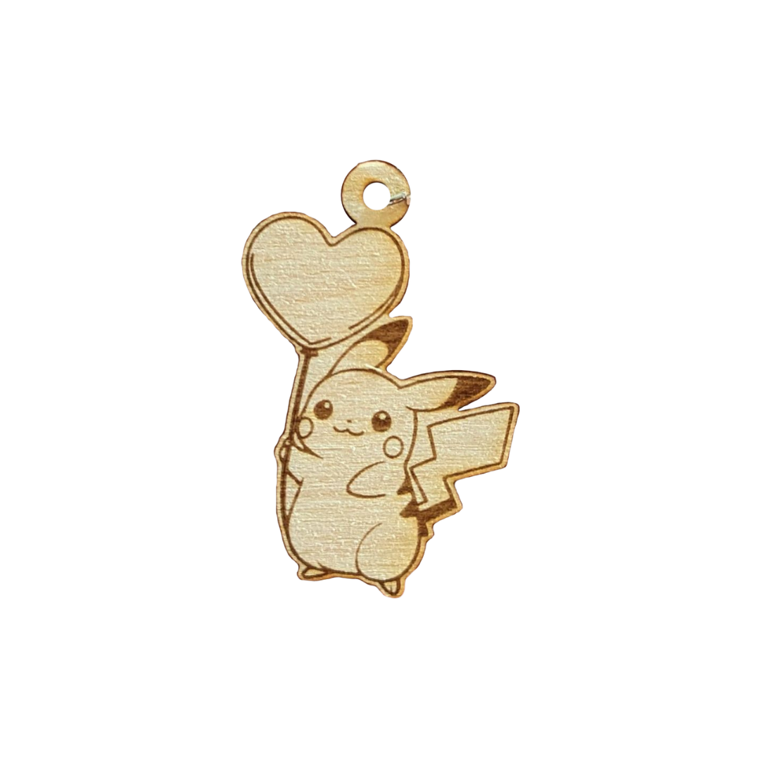 Portachiavi Pokémon Pikachu con Palloncino a Cuore in Legno - Incisione Laser