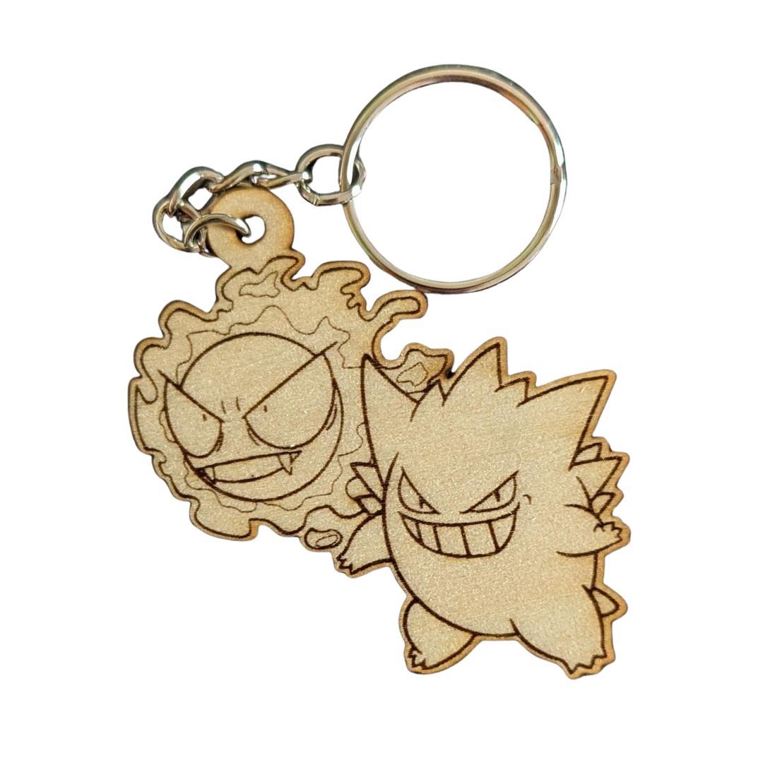 Portachiavi Pokémon Gastly e Gengar in legno con incisione laser - Design esclusivo!